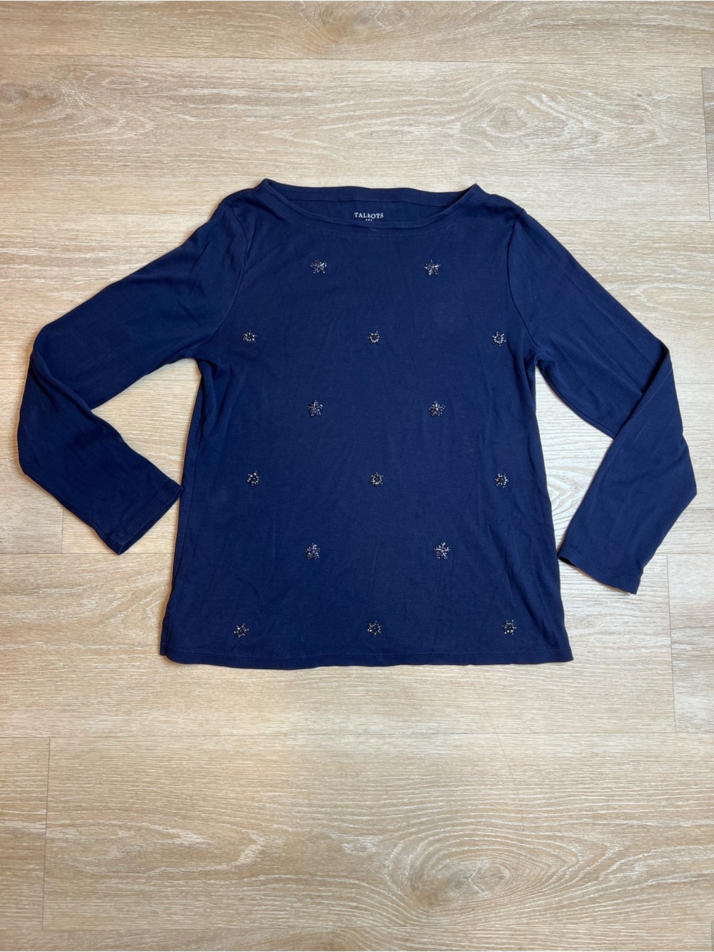 Talbots, Navy Blue Long Sleeve Top, Beaded Accents, 100% Cotton, Women’s Large